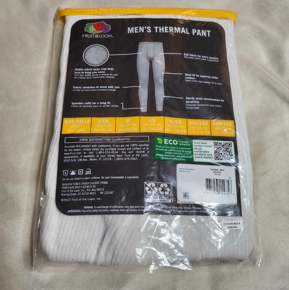 NWT Fruit of the Loom Men's White Winter Thermal Pants Size XL - Picture 2 of 2